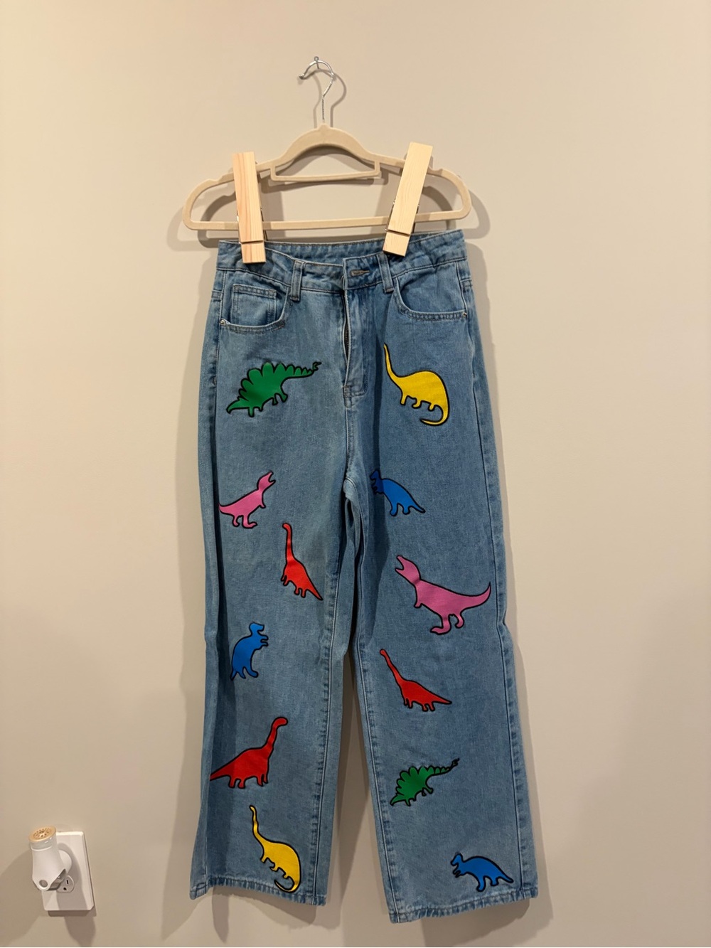 Women’s Blue Denim Jeans with Colorful Dinosaur Painting